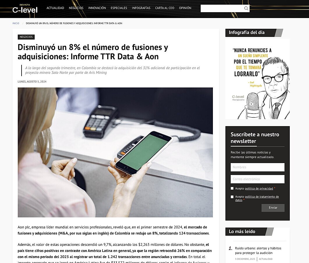 Disminuy� un 8% el n�mero de fusiones y adquisiciones: Informe TTR Data & Aon